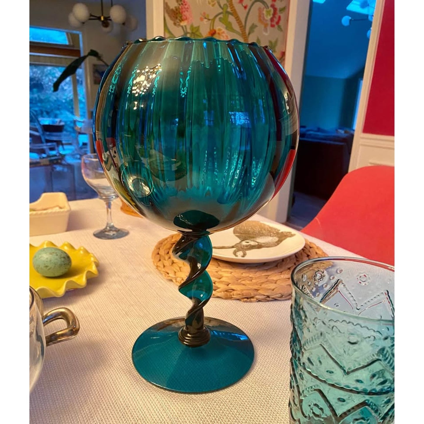 Large art glass empoli mid century peacock blue compote bowl 12" Italy