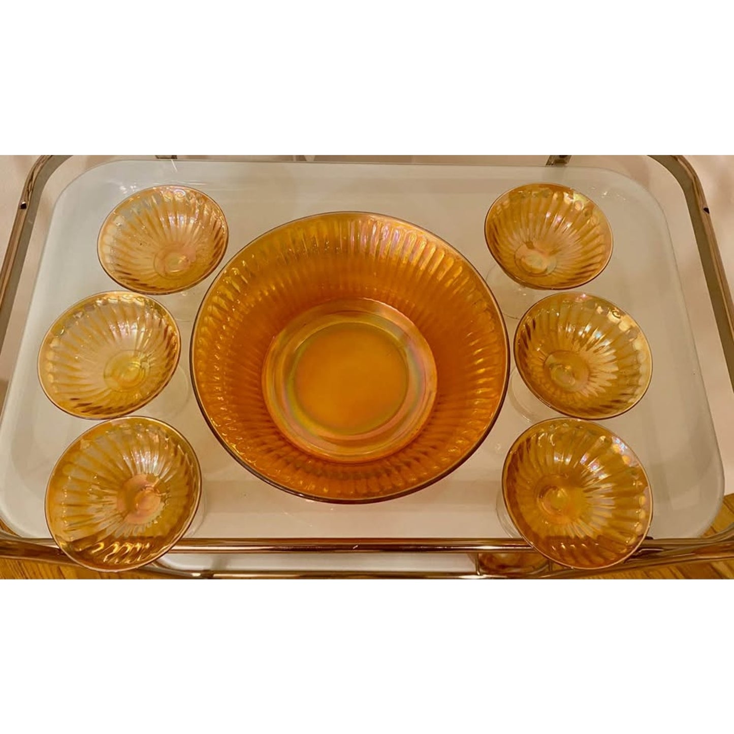 Vintage Carnival Glass fruit bowl and footed berry bowls