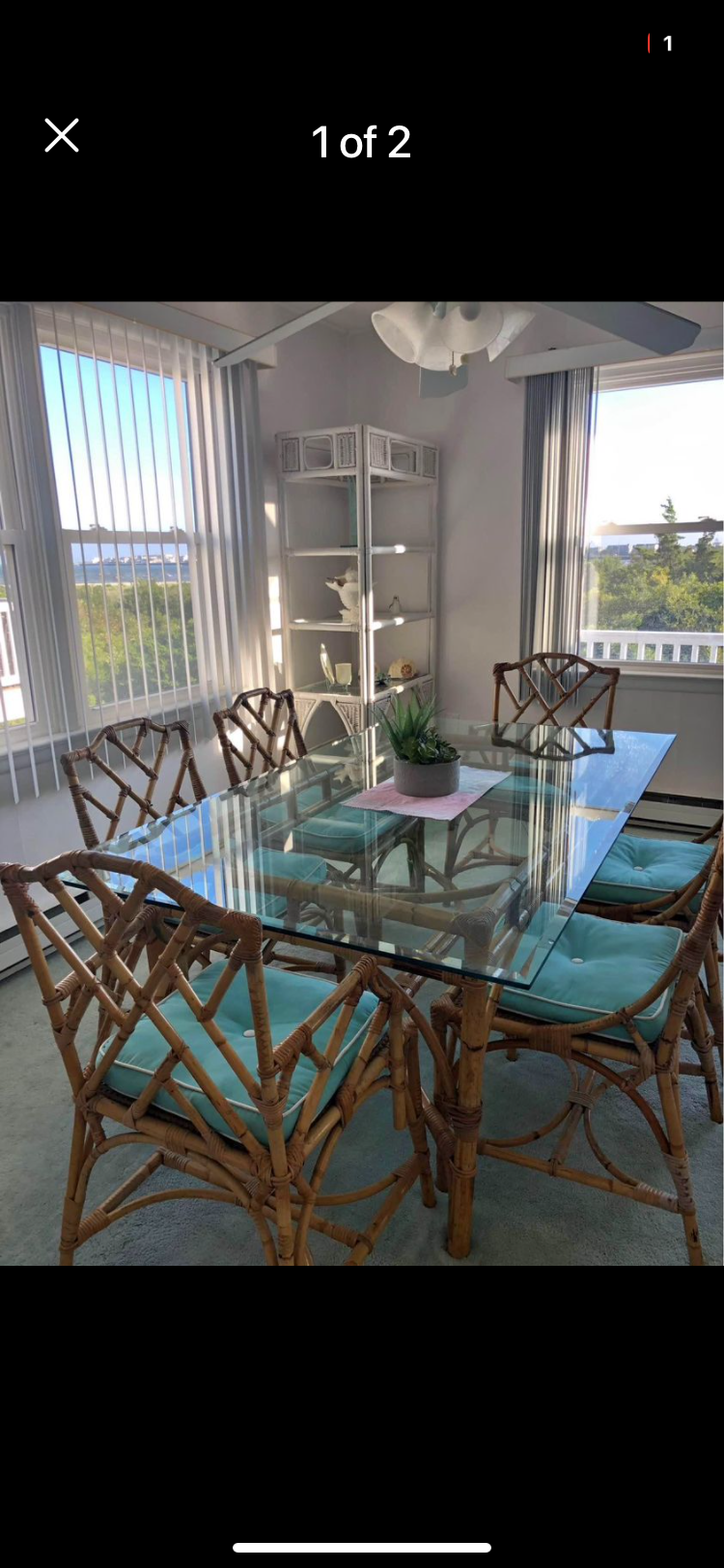 Bamboo glass top table with 6 matching chippendale style bamboo and rattan chairs