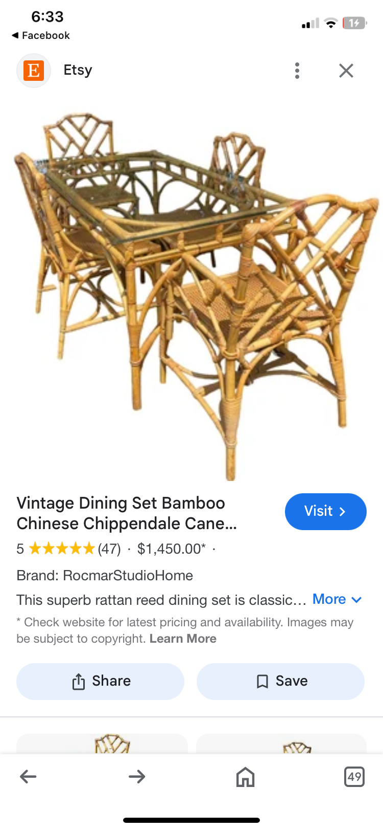 Bamboo glass top table with 6 matching chippendale style bamboo and rattan chairs