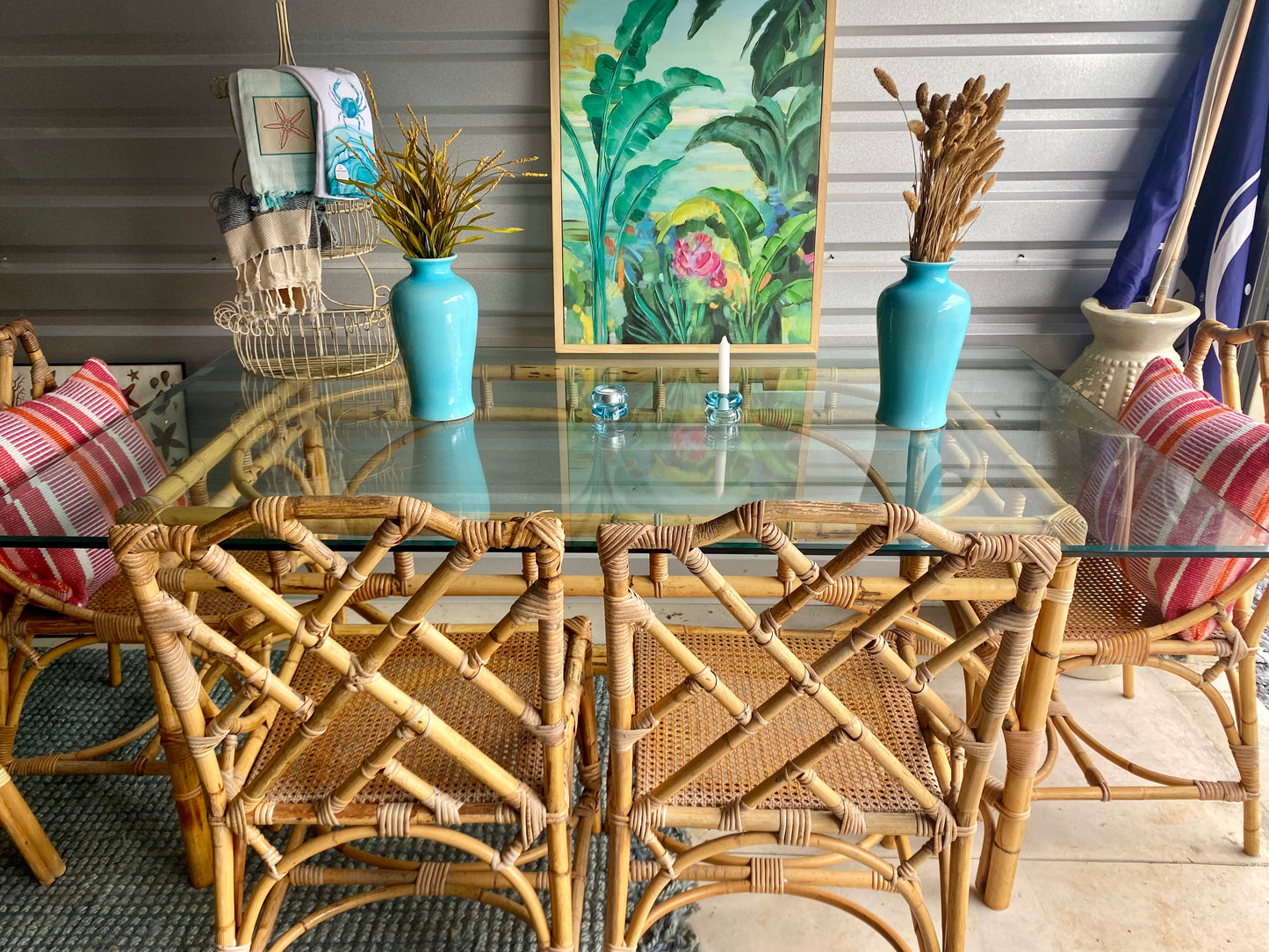 Bamboo glass top table with 6 matching chippendale style bamboo and rattan chairs