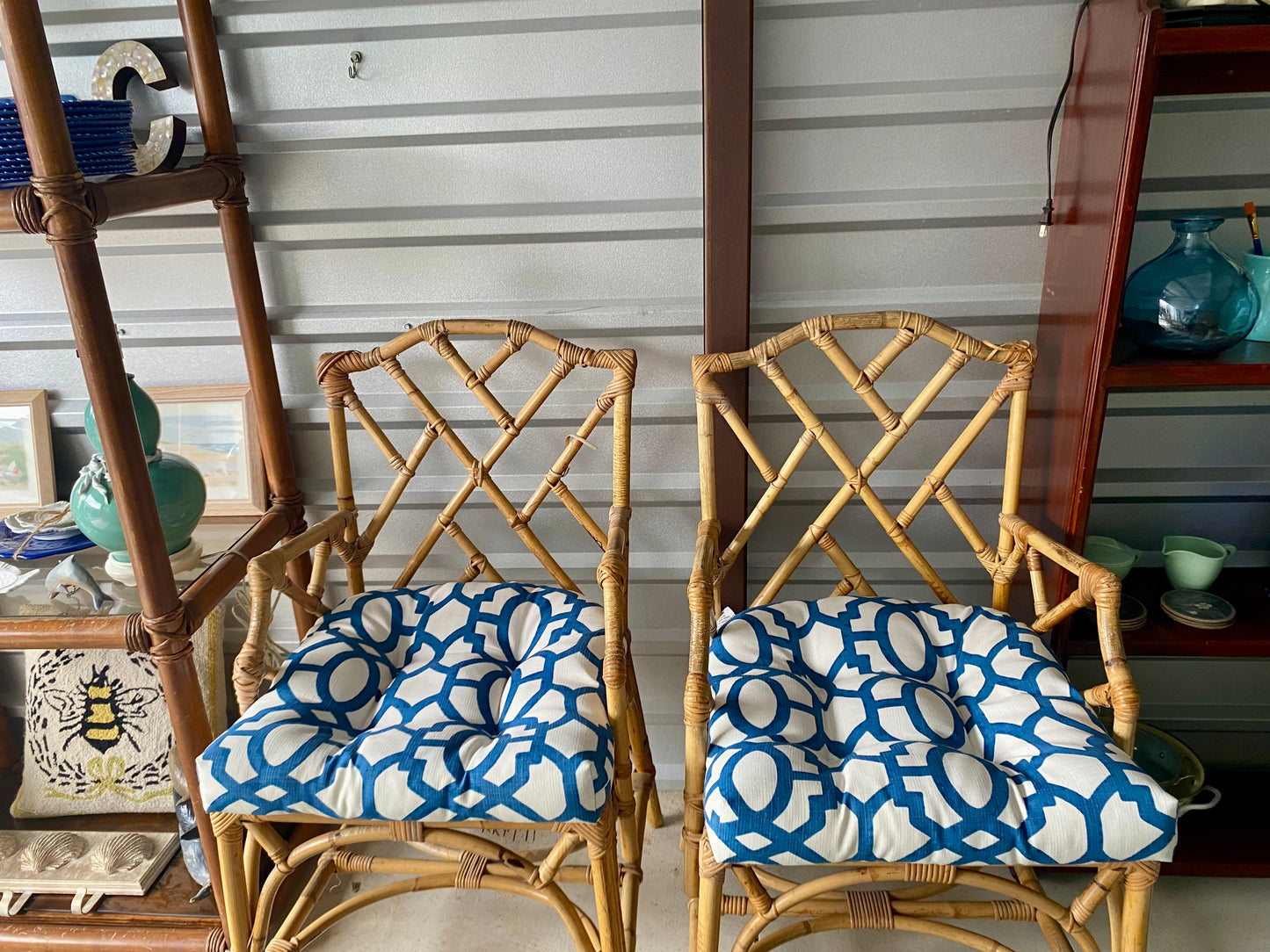 Bamboo glass top table with 6 matching chippendale style bamboo and rattan chairs
