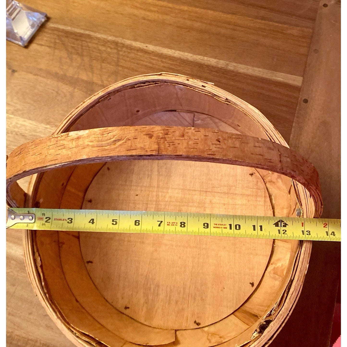 River Birch Bark Covered Basket w. Wooden Handle And Wooden Base.