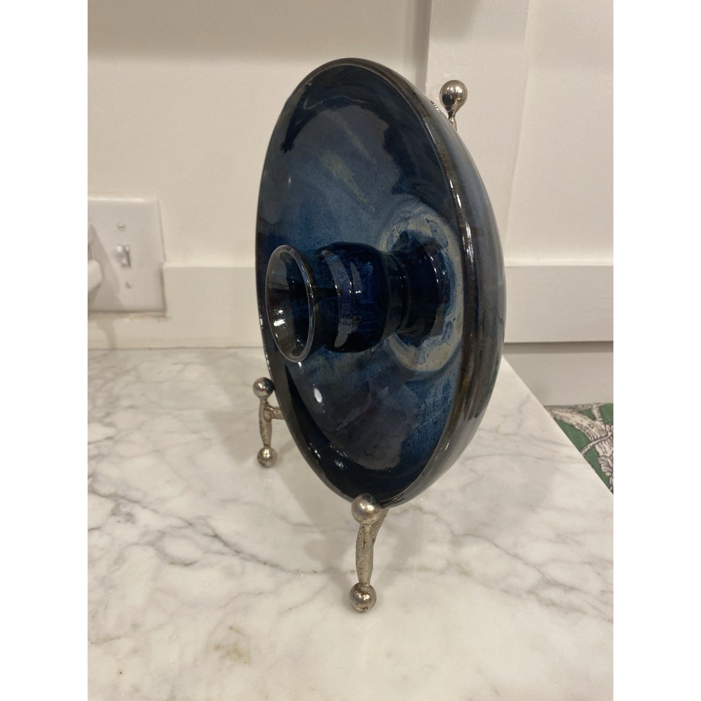 Handmade Beer Can Chicken Roaster blue Glazed Pottery