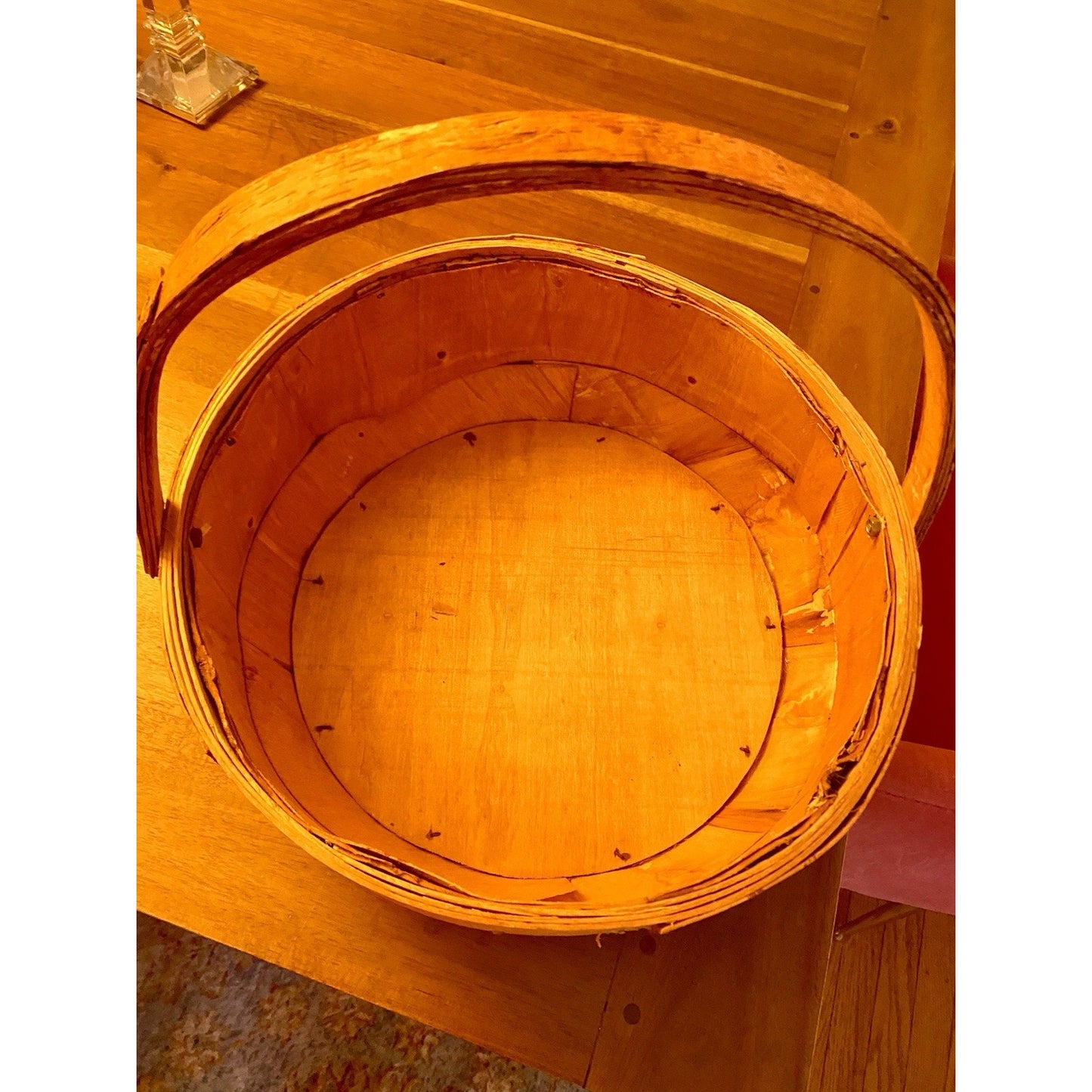 River Birch Bark Covered Basket w. Wooden Handle And Wooden Base.