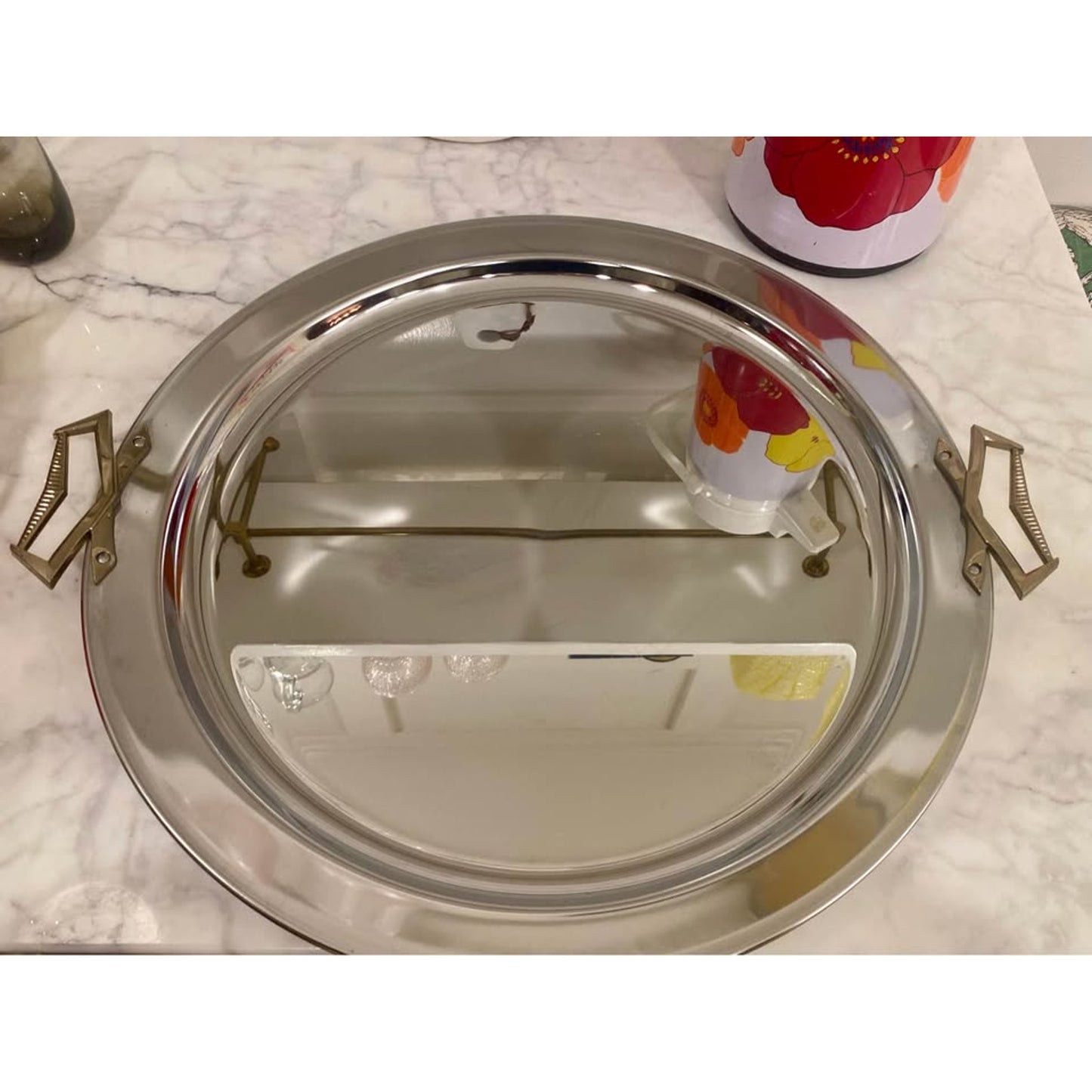 TG Kromex Mid Century Round 20" Serving Tray Platter Brass Handles Chrome MCM