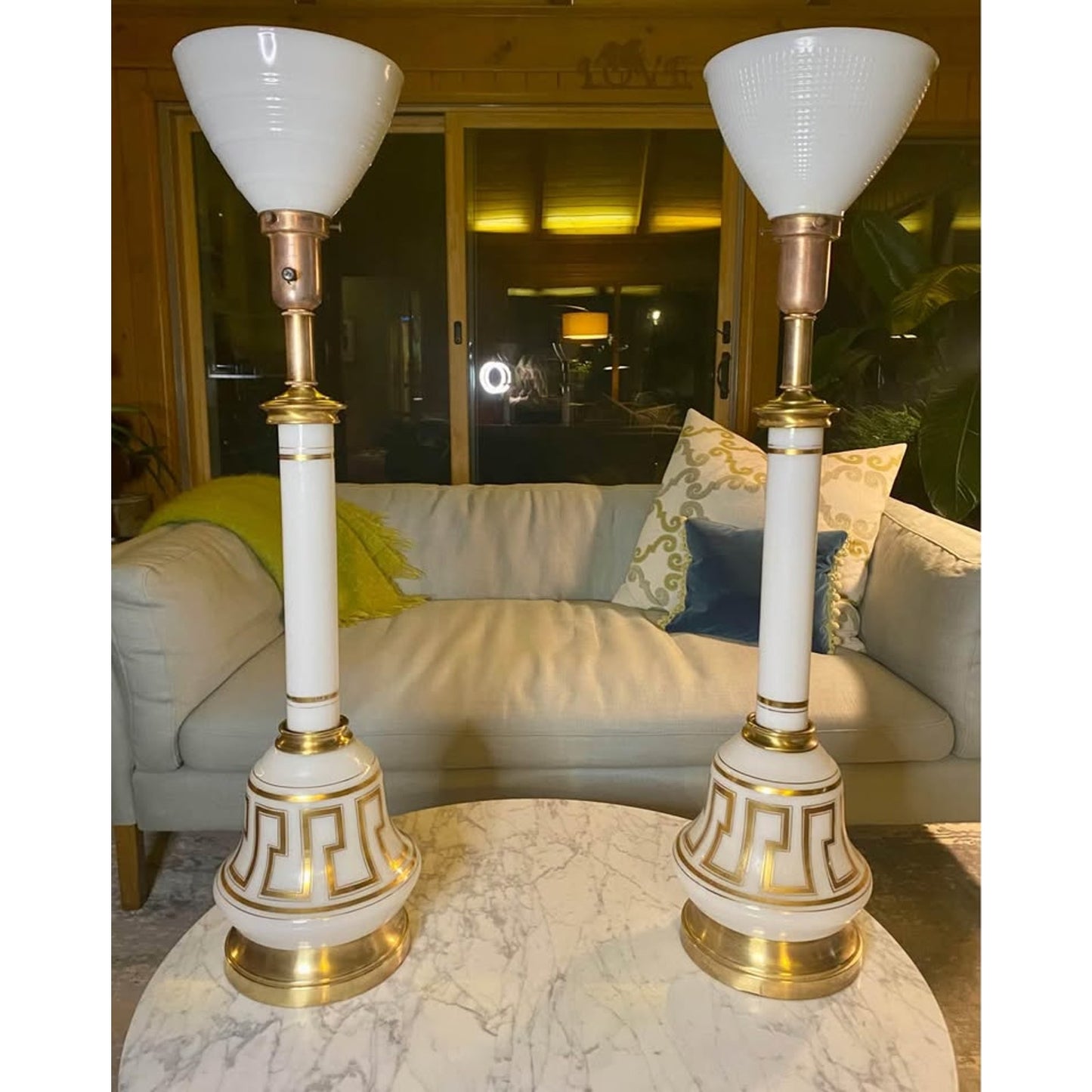 vintage pair of Greek key Torchiere lamps