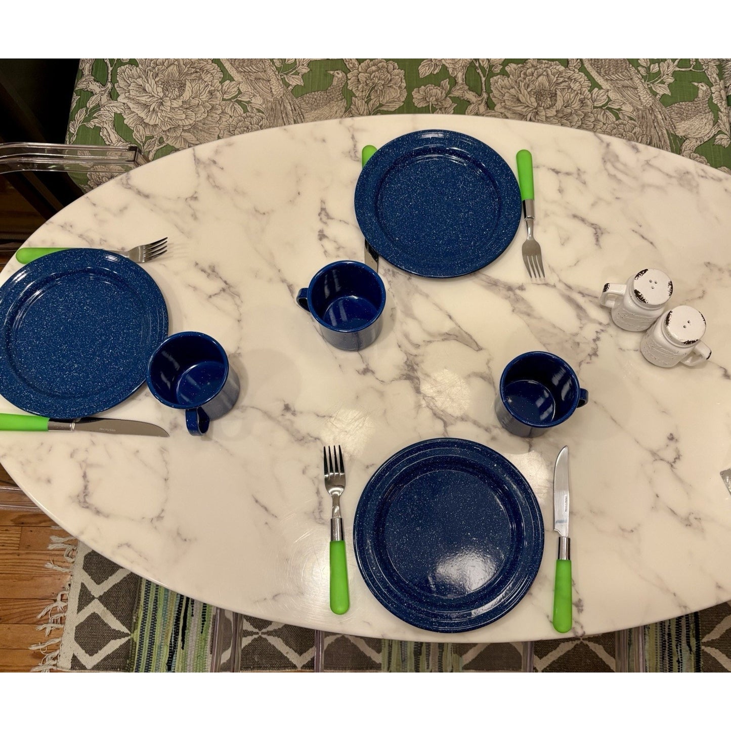 Vintage Enamelware Blue White Speckled Dish Set 3 Plates And 3 Mugs