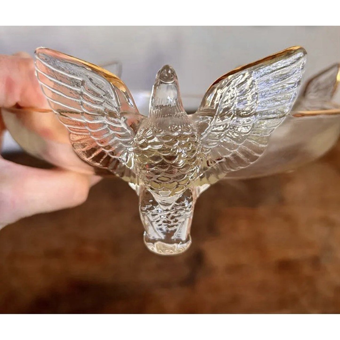 Vintage Jeanette Glass Three Eagles Footed Bowl Candy Dish Gold Trim