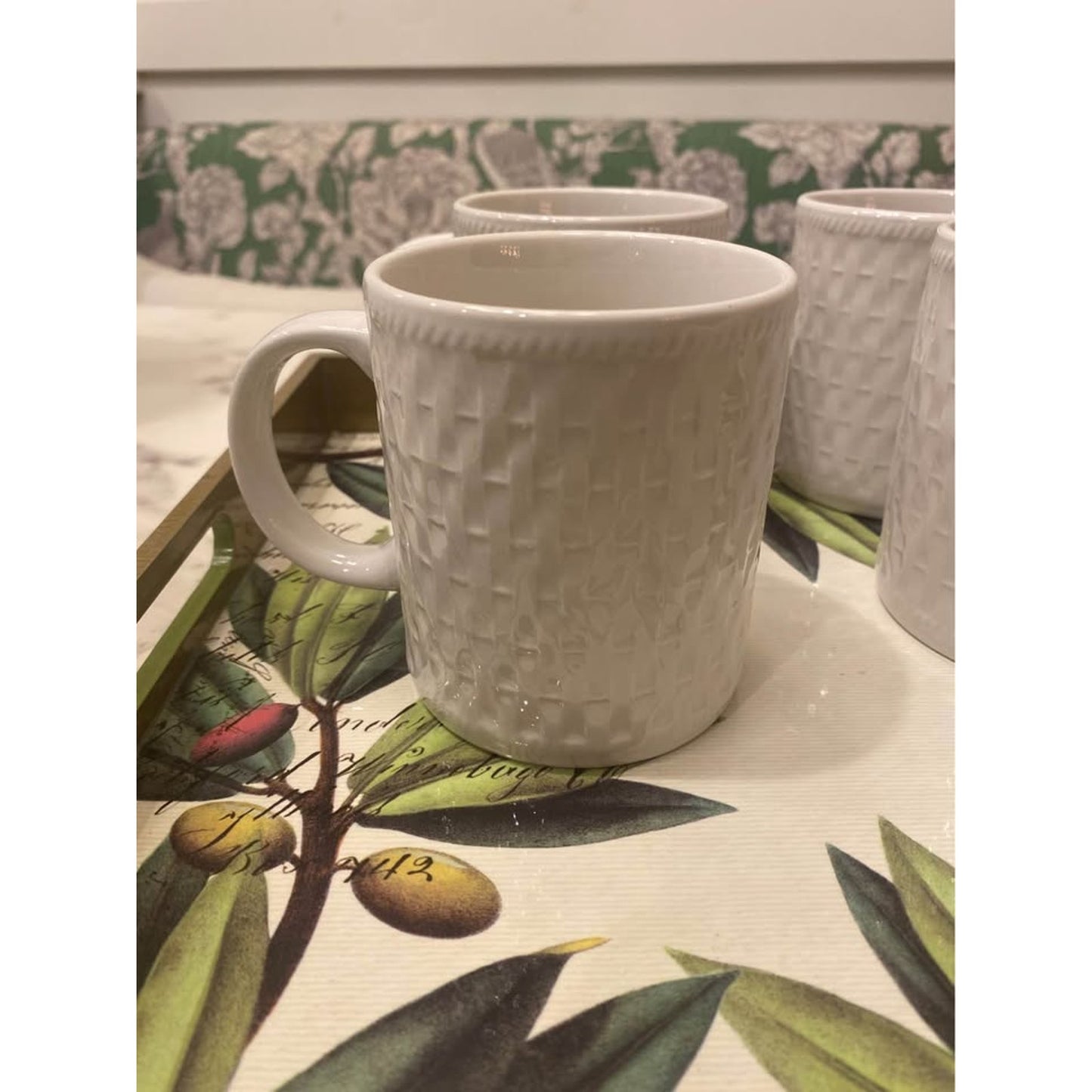 Onieda Wicker White Stoneware 6 Coffee Mugs Basket Weave Pattern