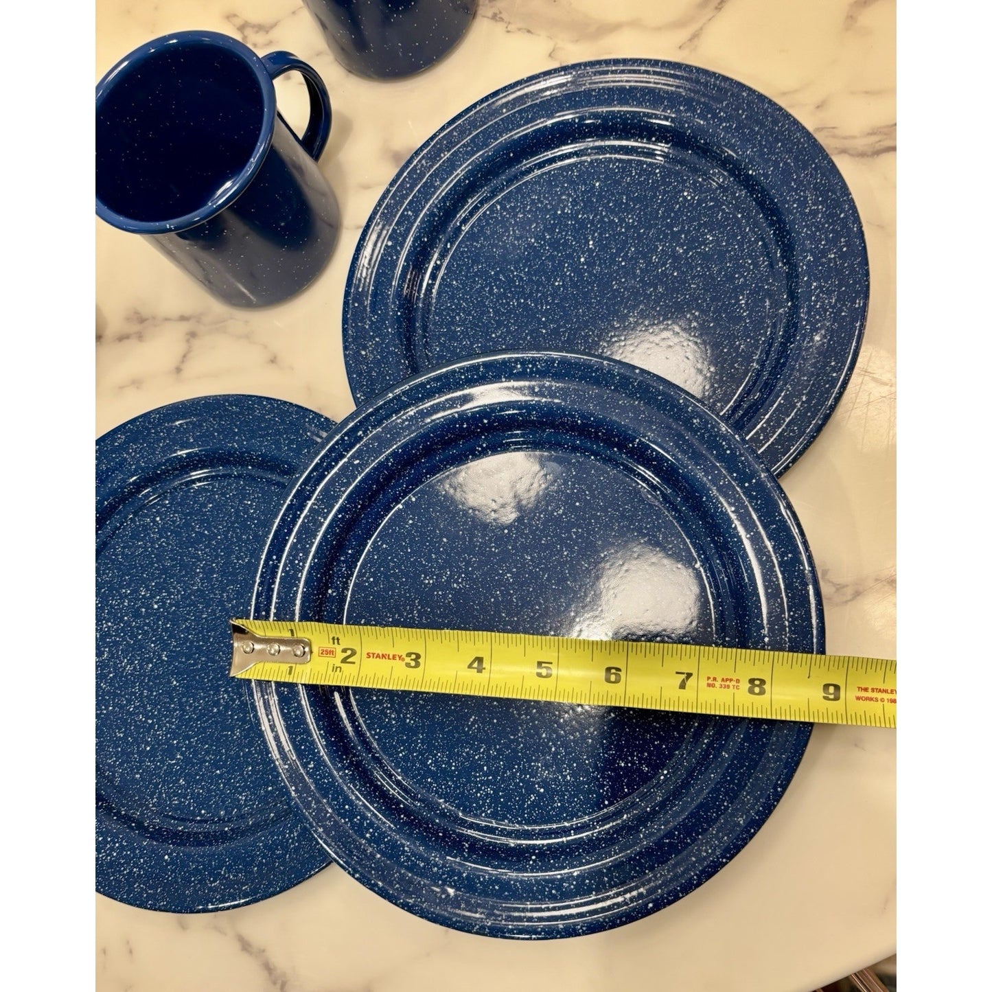 Vintage Enamelware Blue White Speckled Dish Set 3 Plates And 3 Mugs
