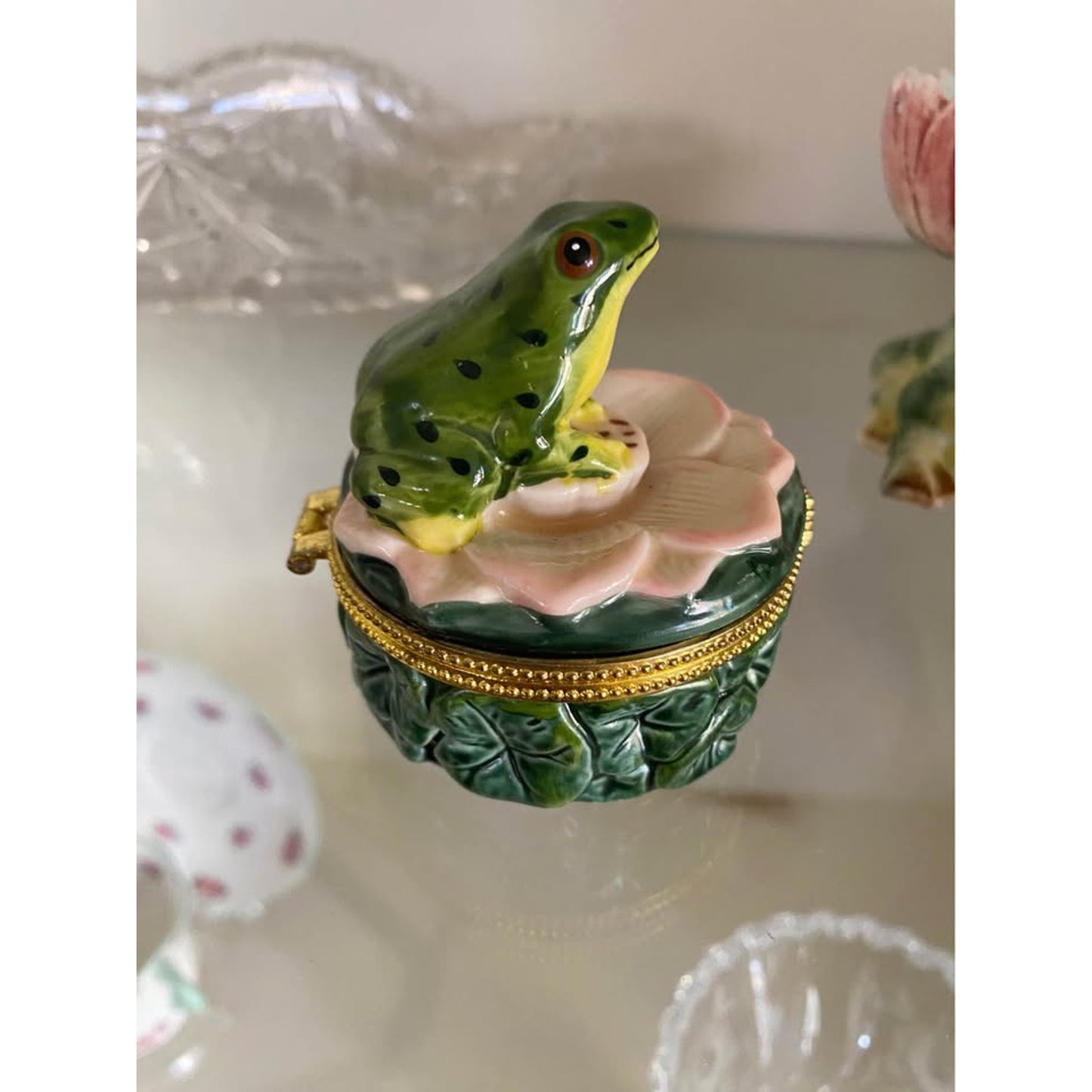 Frog on a Pink Lily Pad Trinket Box