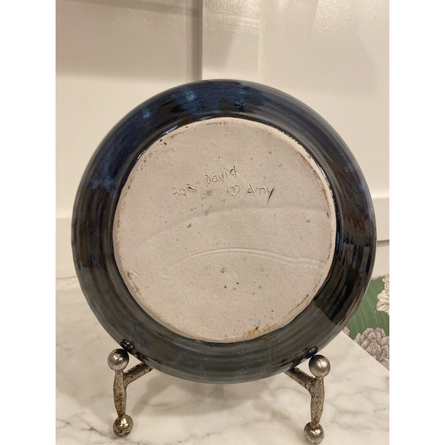 Handmade Beer Can Chicken Roaster blue Glazed Pottery