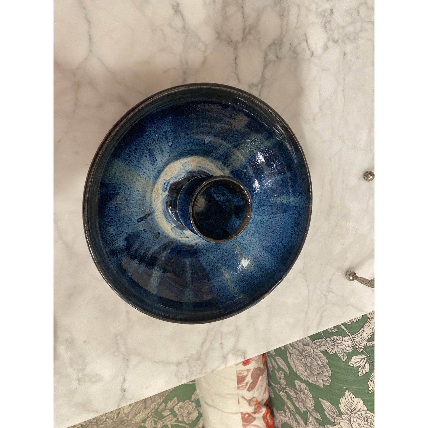 Handmade Beer Can Chicken Roaster blue Glazed Pottery