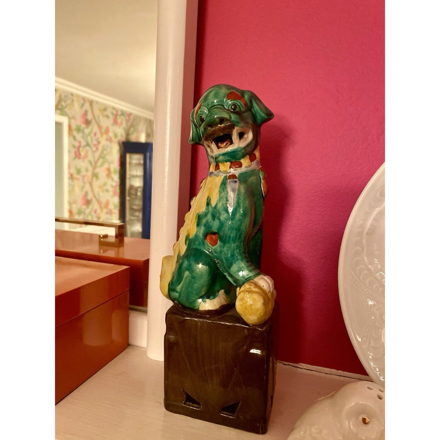 Chinese Foo Fu Dog Lion Porcelain Figurine Green/Yellow 10” Tall