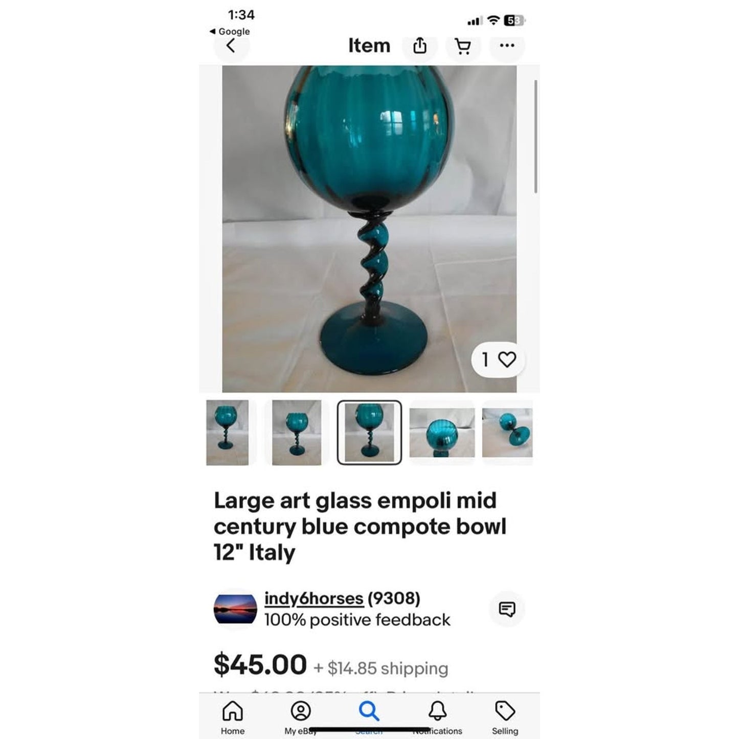 Large art glass empoli mid century peacock blue compote bowl 12" Italy