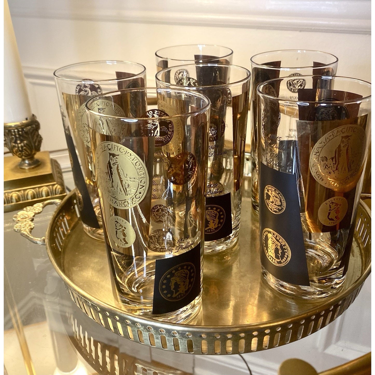 MCM Mid-Century CERA Glass Gold Black Dollar Coins Set of 4 Highball Glasses