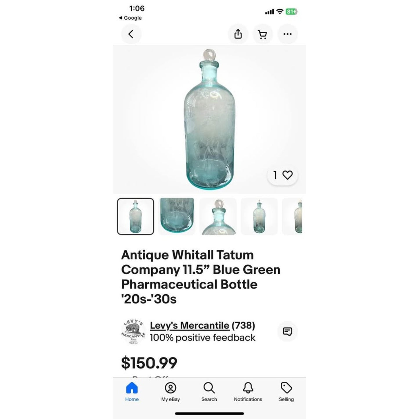 Antique Whitall Tatum Company Blue Glass Bottle