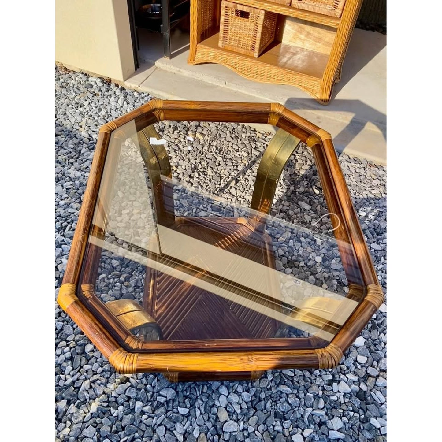 Hollywood Regency Rattan and Brass Coffee Table