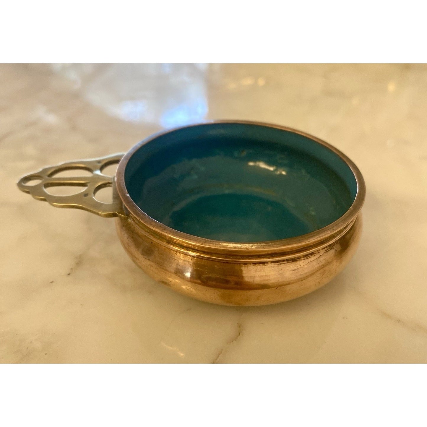 Aqua Copper Brass Enamel Bowl Vintage Chinese Asian Trinket Dish