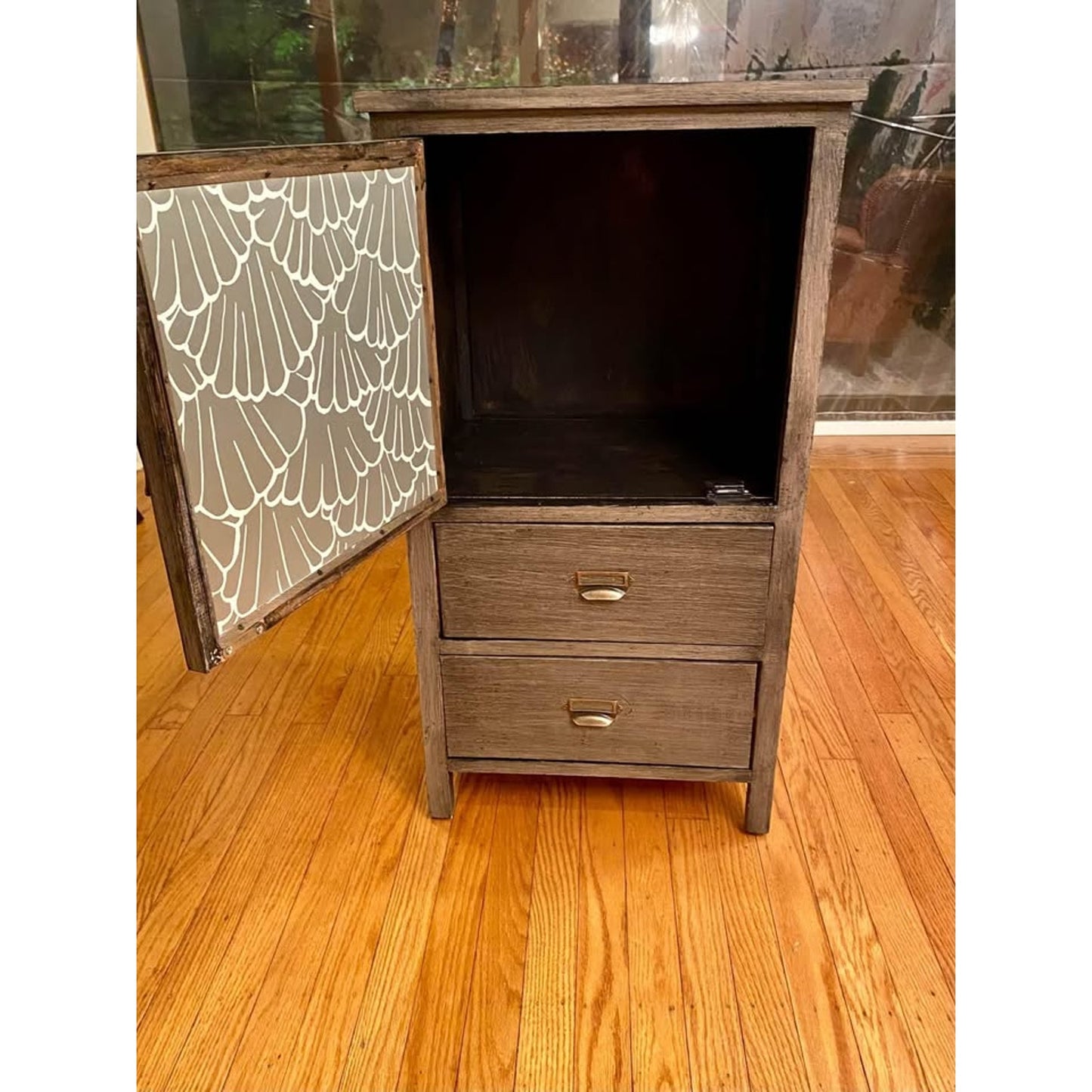 unique weathered wood cabinet with beveled mirror