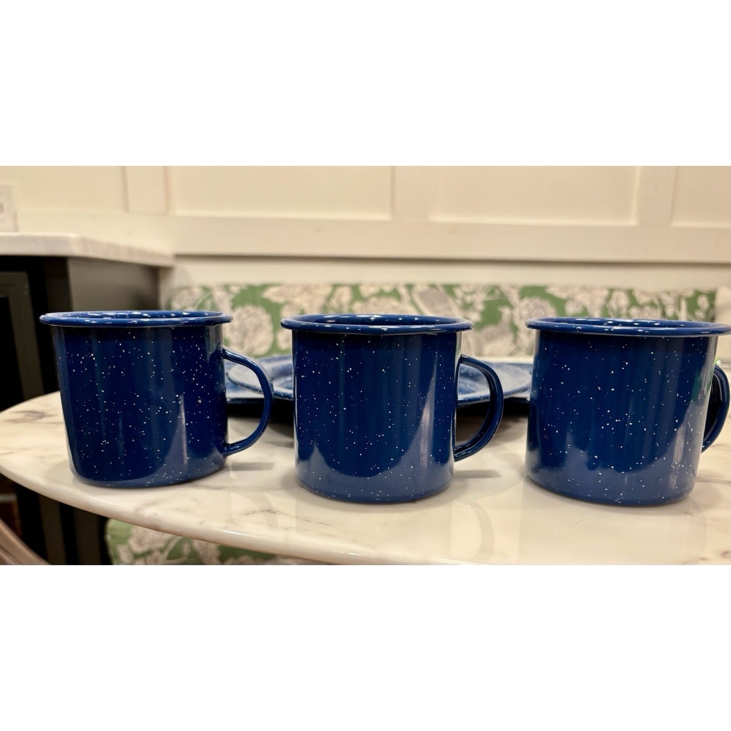 Vintage Enamelware Blue White Speckled Dish Set 3 Plates And 3 Mugs
