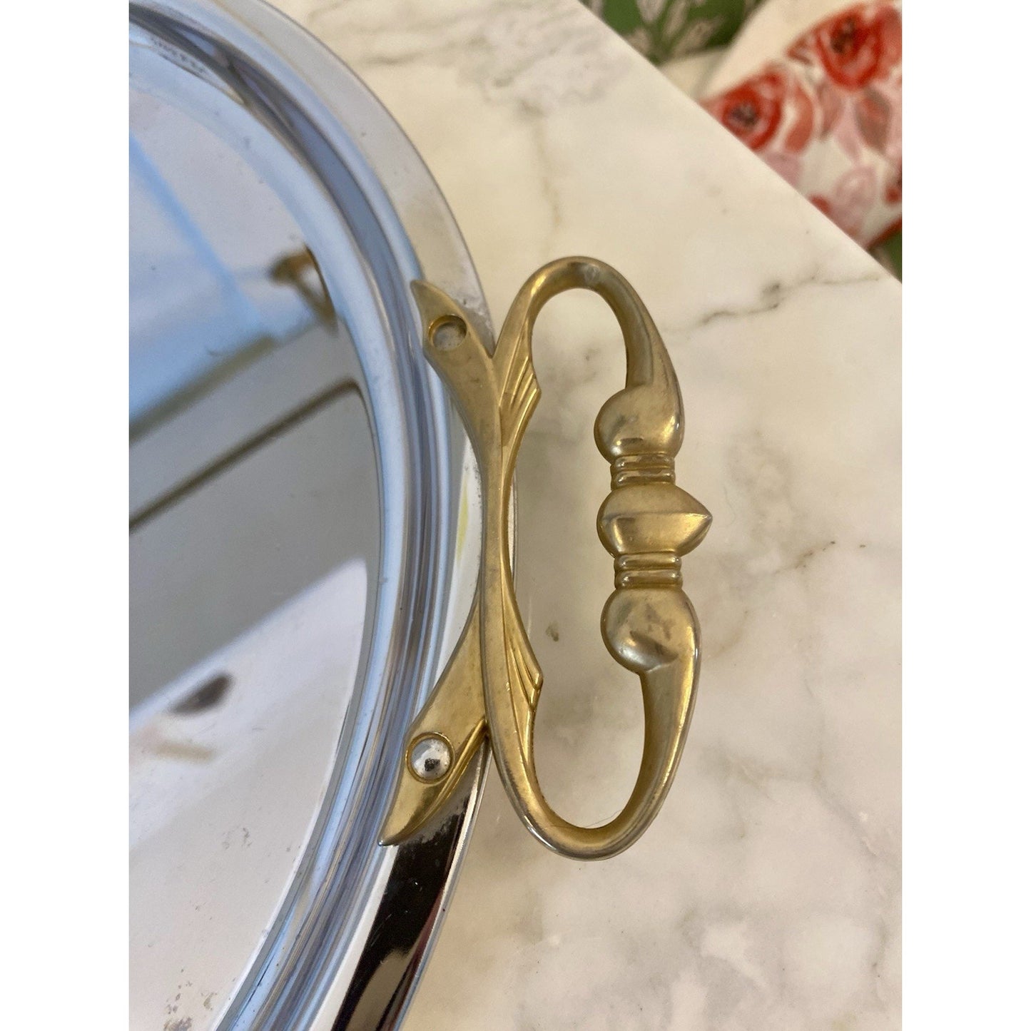 MCM 15" Round Chromed Silver Serving Tray Ornate Brass Handles Vintage Kromex