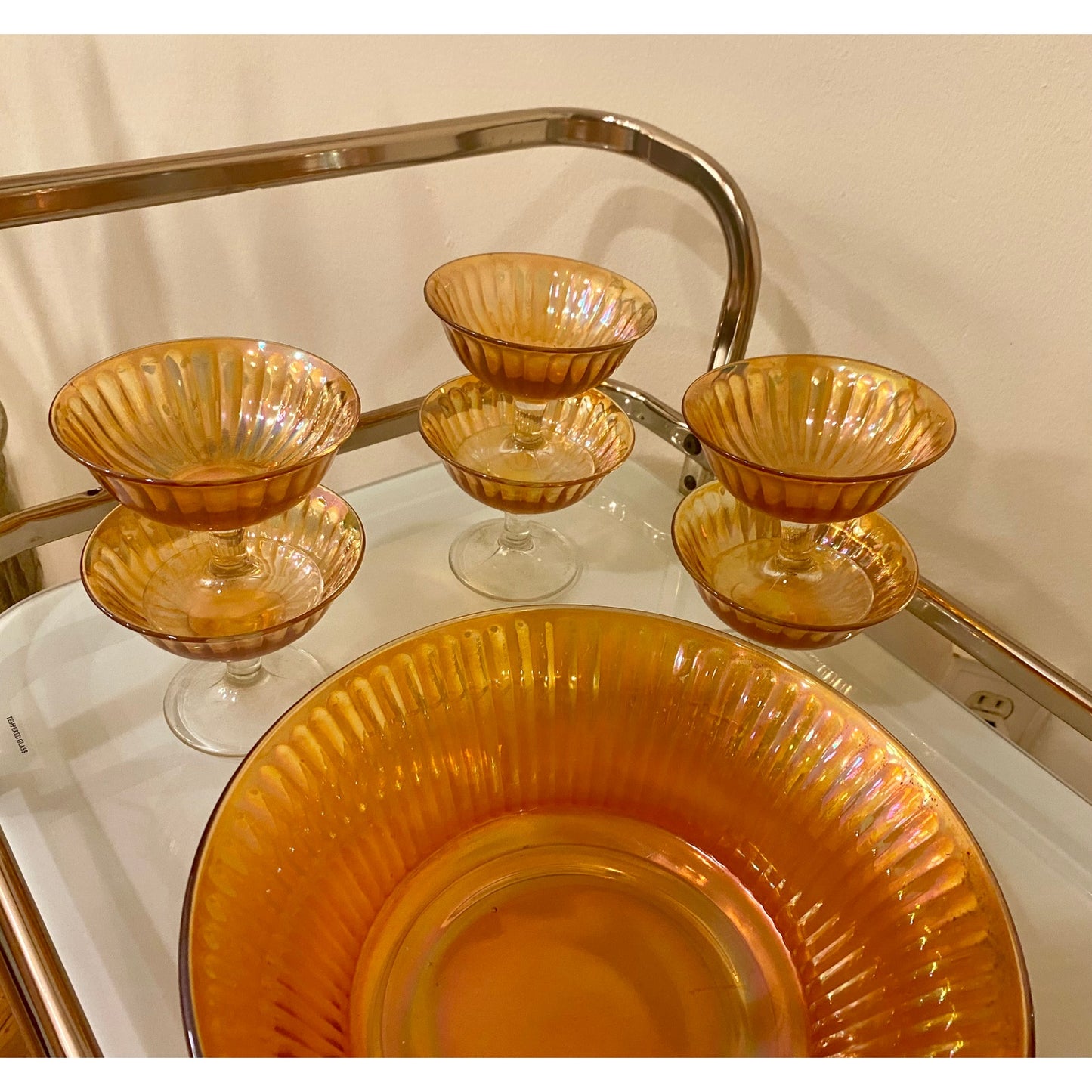 Vintage Carnival Glass fruit bowl and footed berry bowls