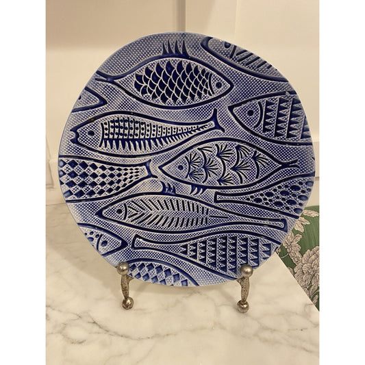 Fish Design Plate 10.5" Blue and White With wavy Edge