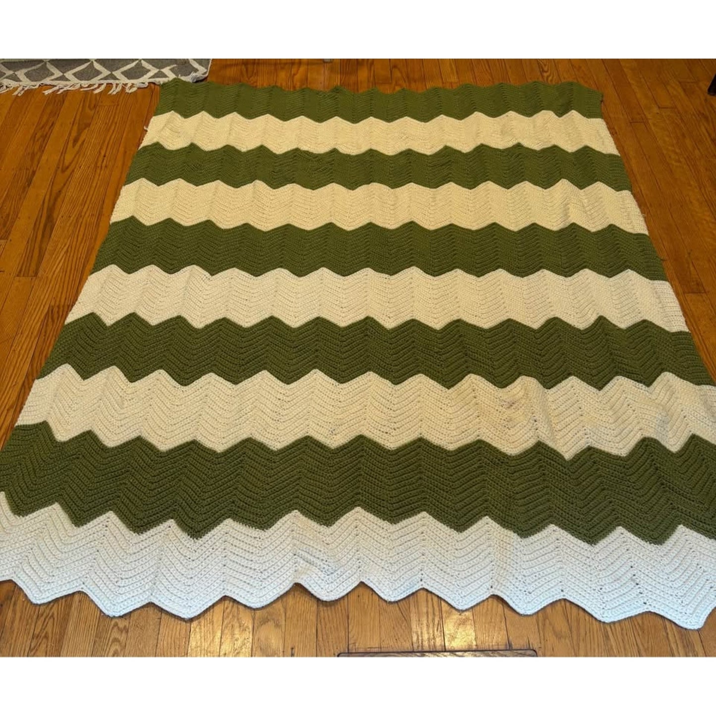 Handmade Green and Cream Chevron Crochet Blanket