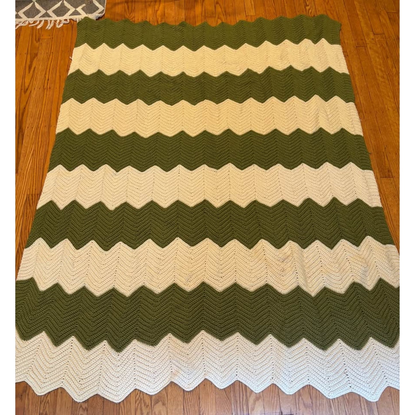 Handmade Green and Cream Chevron Crochet Blanket