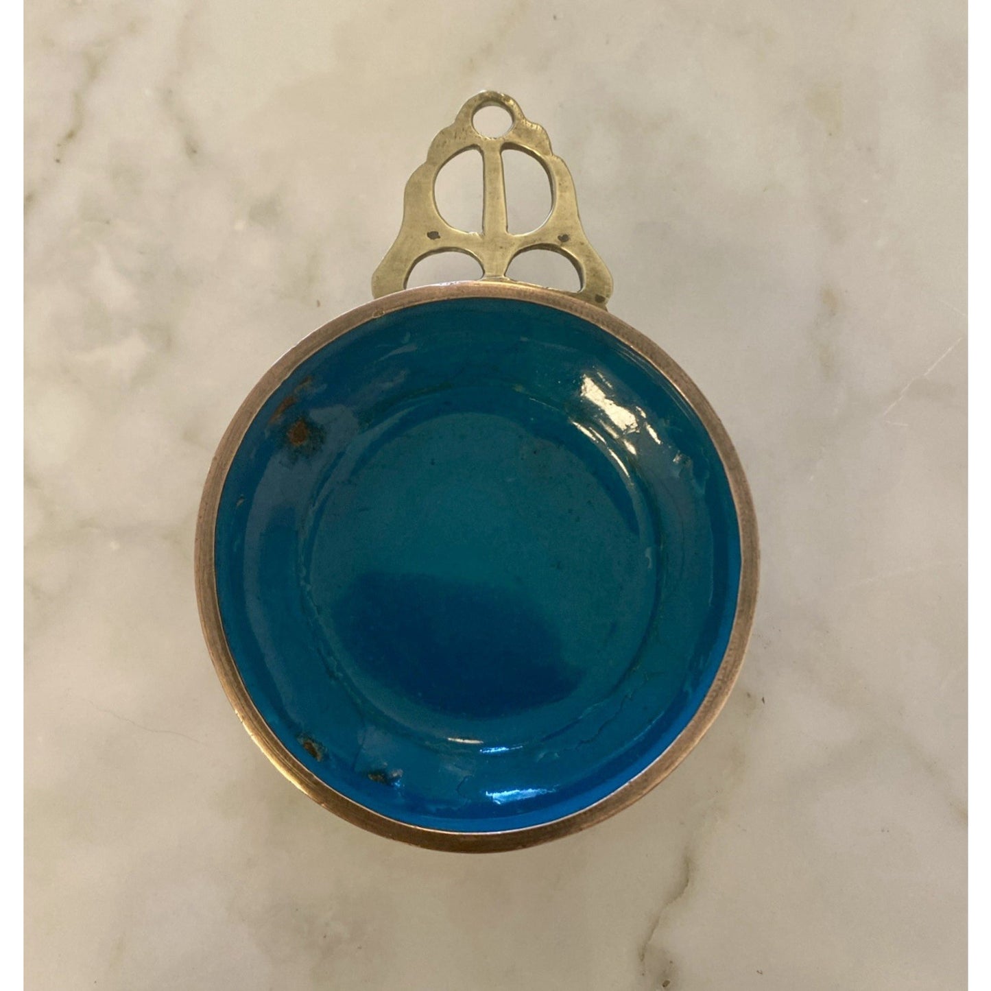 Aqua Copper Brass Enamel Bowl Vintage Chinese Asian Trinket Dish