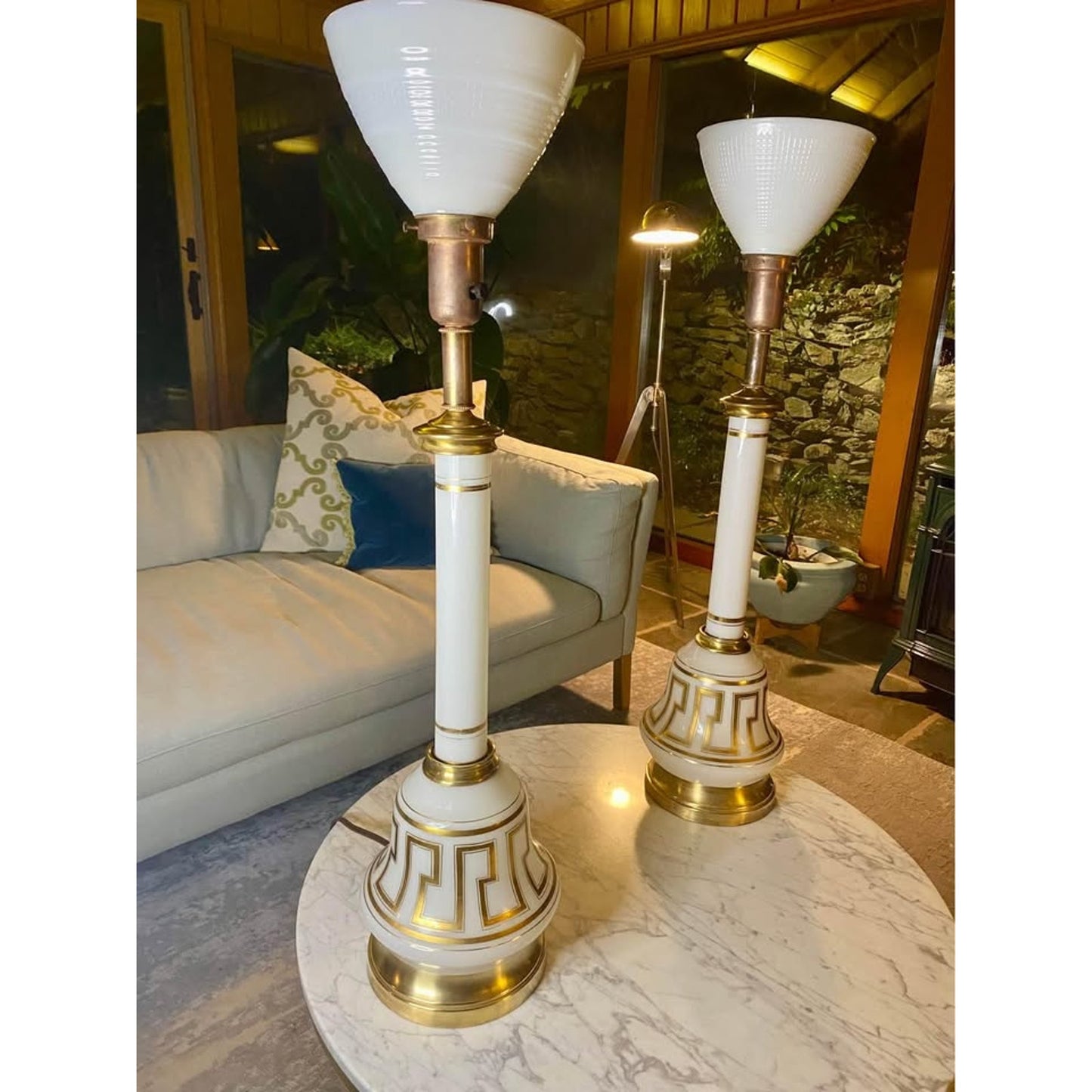 vintage pair of Greek key Torchiere lamps