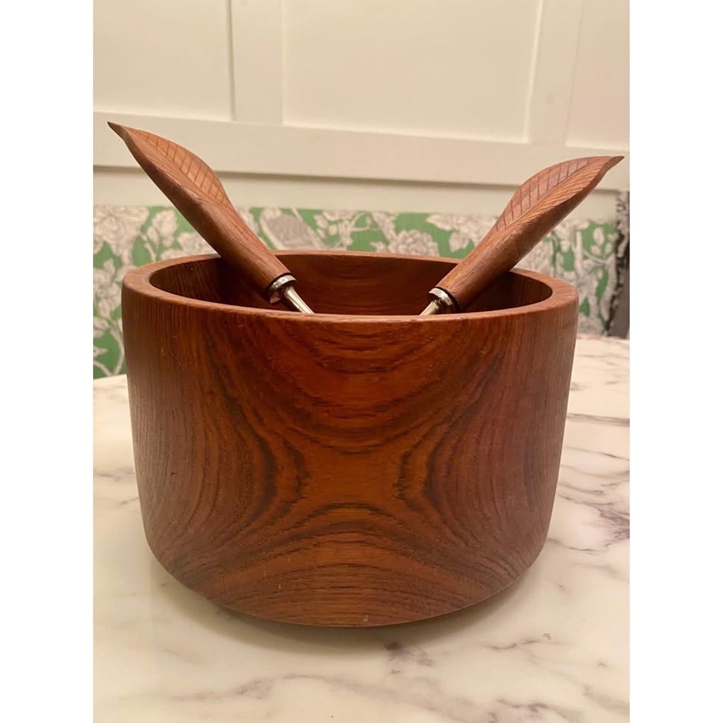 Carved Wood Salad Bowl and Serving Utensil Set