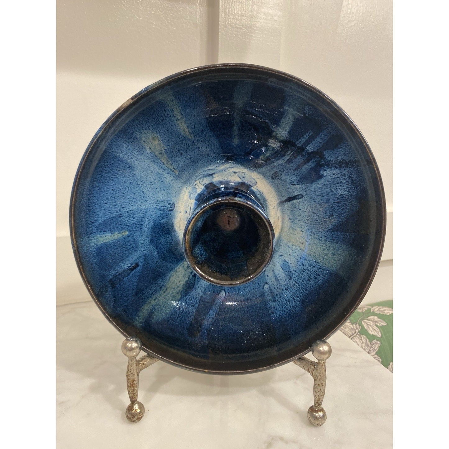 Handmade Beer Can Chicken Roaster blue Glazed Pottery
