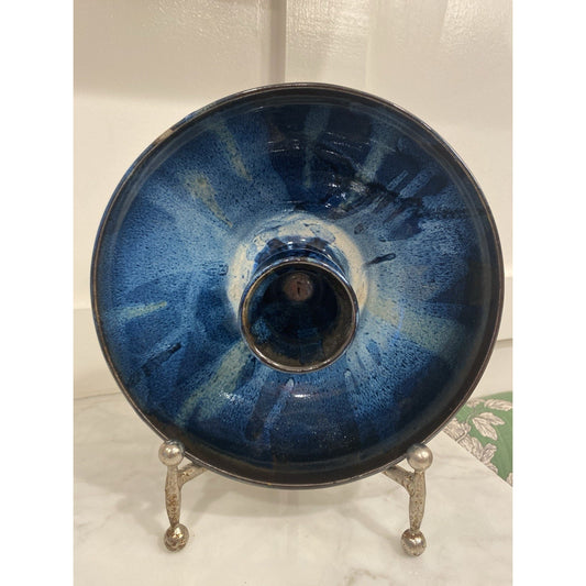 Handmade Beer Can Chicken Roaster blue Glazed Pottery