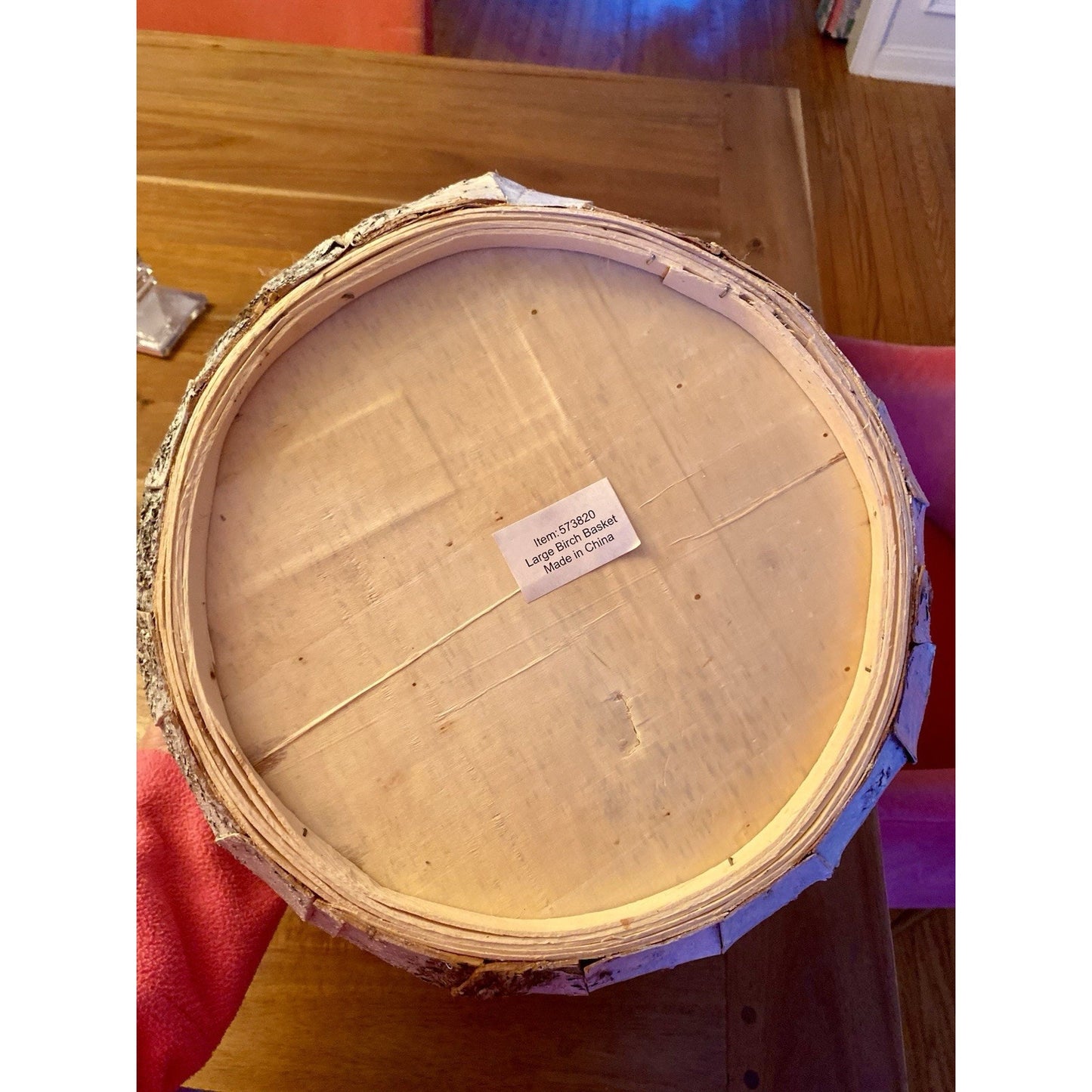 River Birch Bark Covered Basket w. Wooden Handle And Wooden Base.