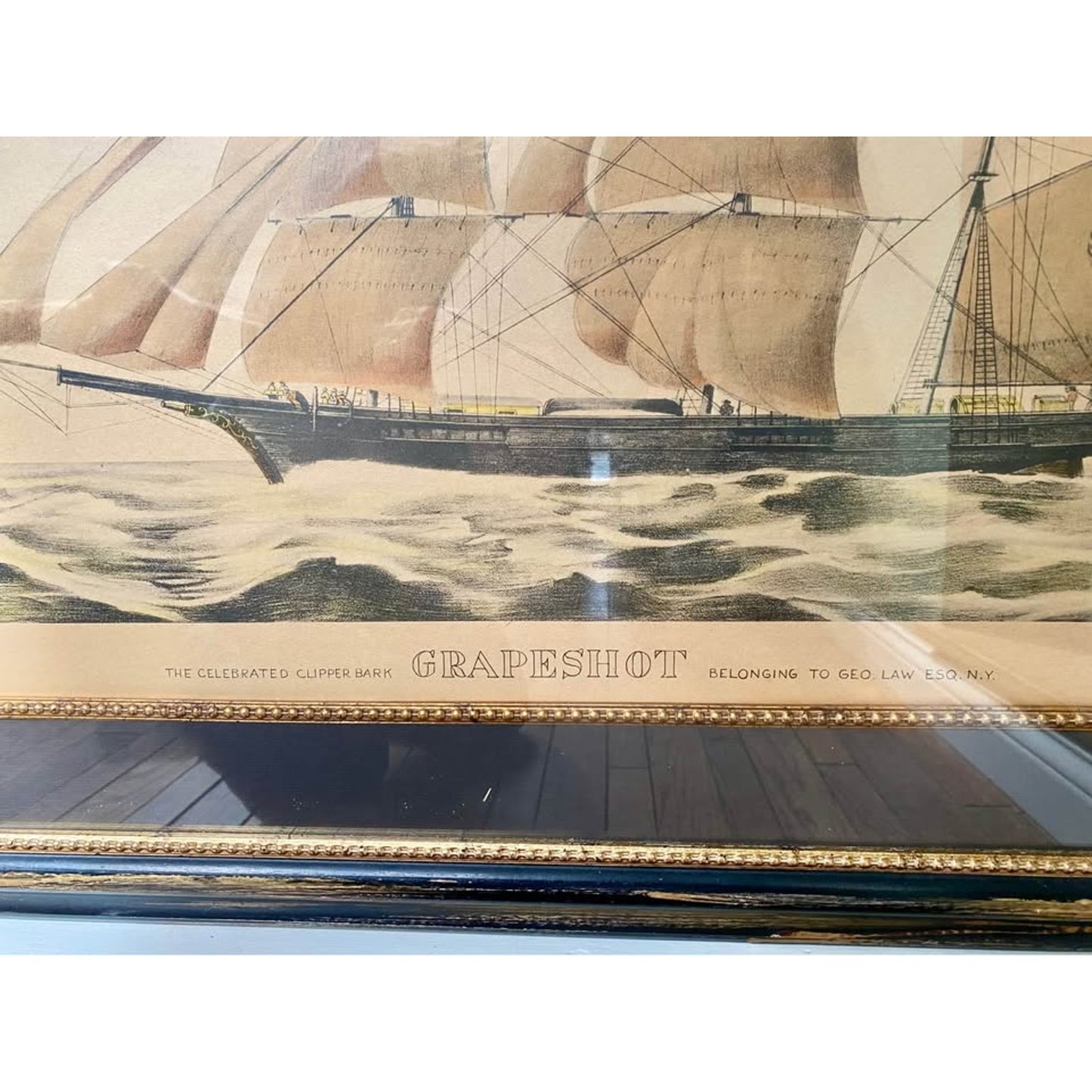Expertly framed vintage Currier & Ives lithograph titled "The Celebrated Clipper Bark Grapeshot"