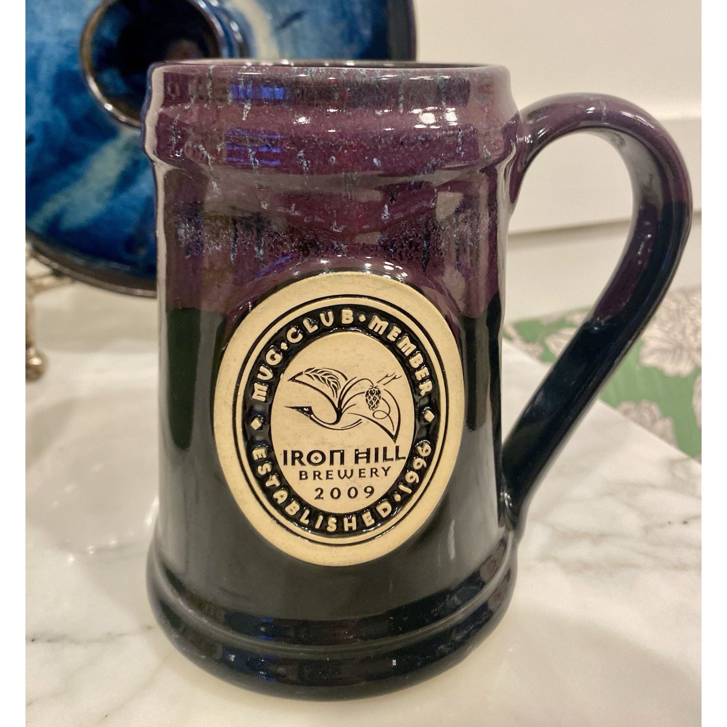 IRON HILL BREWERY 2009 Mug Club Beer Stein Grey Fox Pottery Purple And Navy
