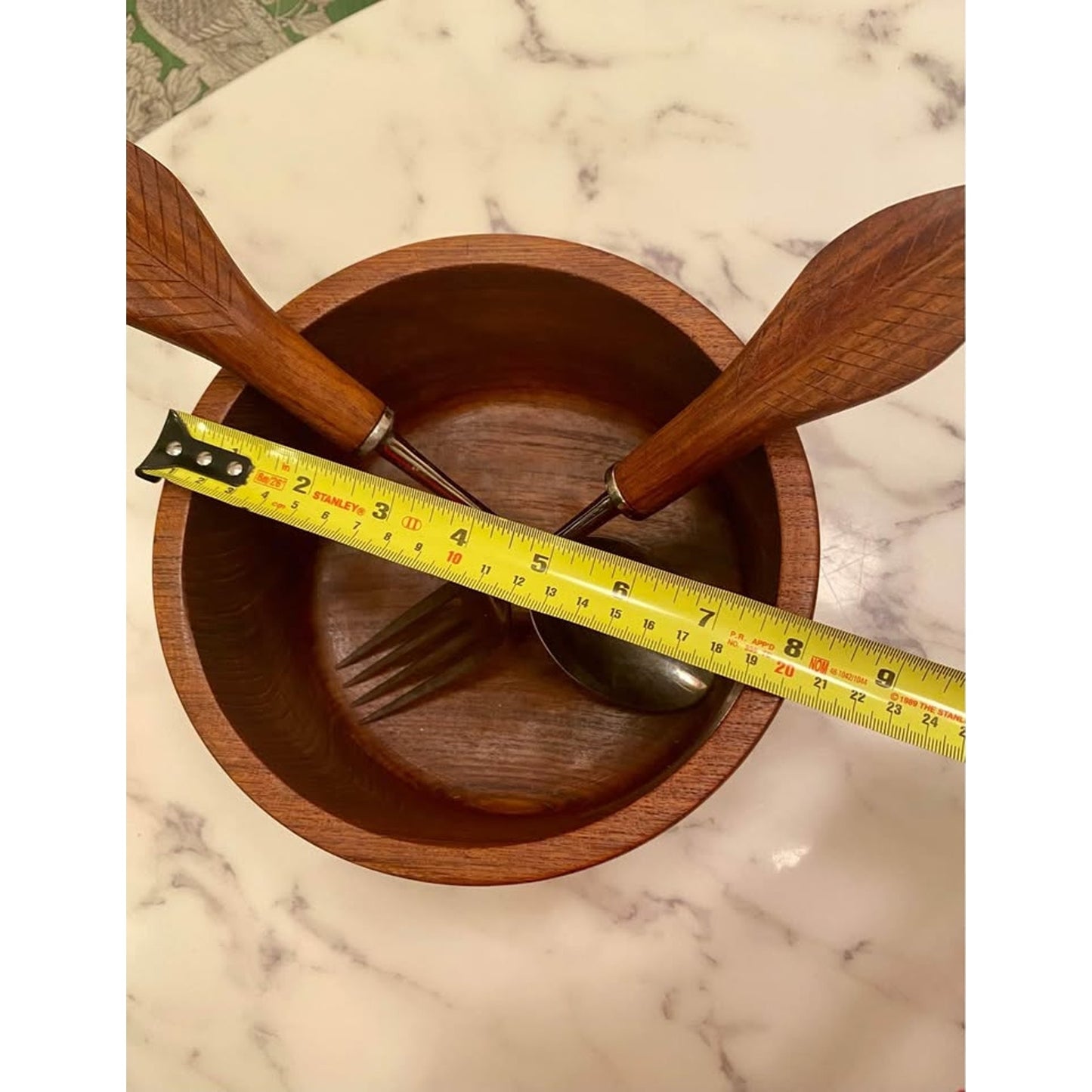 Carved Wood Salad Bowl and Serving Utensil Set