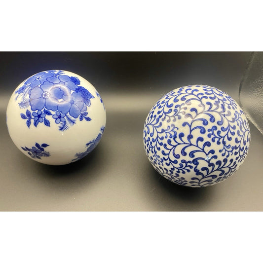 Vintage Porcelain Carpet Ball Lot of 2 Cobalt Blue White Chinoiserie Ceramic 4"