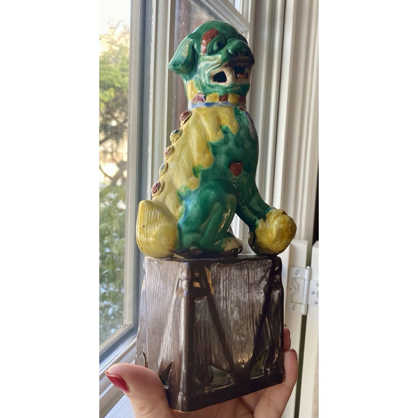 Chinese Foo Fu Dog Lion Porcelain Figurine Green/Yellow 10” Tall