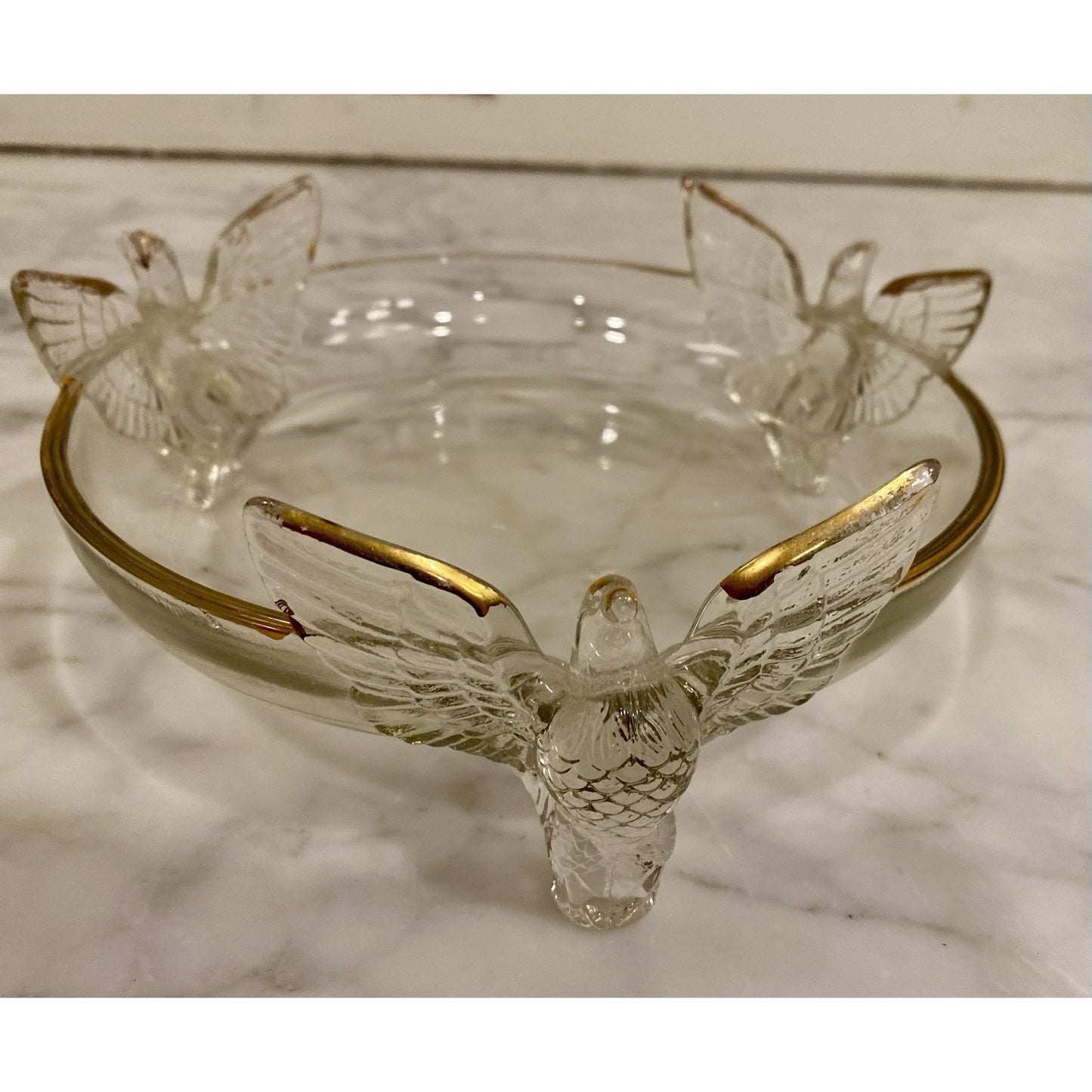 Vintage Jeanette Glass Three Eagles Footed Bowl Candy Dish Gold Trim