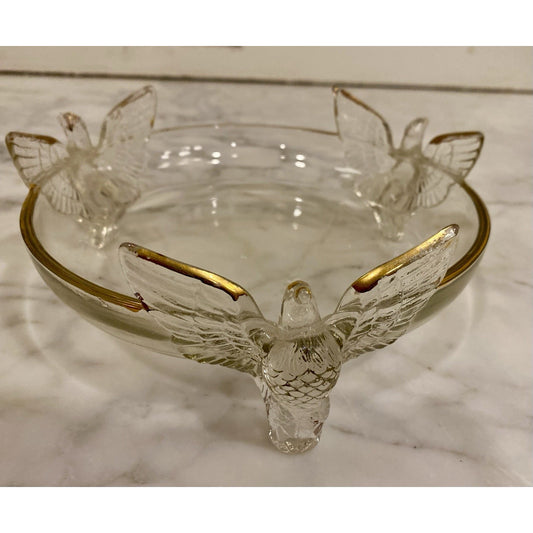 Vintage Jeanette Glass Three Eagles Footed Bowl Candy Dish Gold Trim