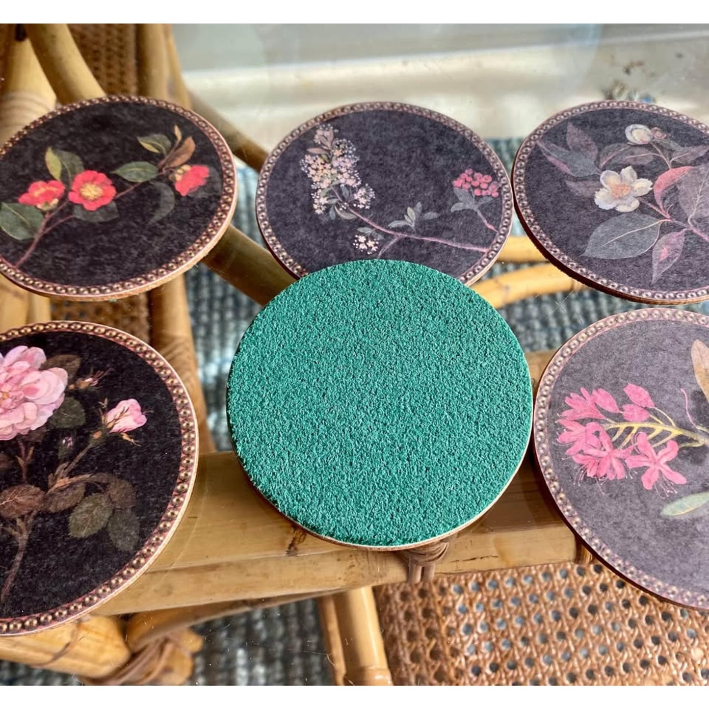 Set if 8 botanical collage coasters inspired by Mary Delany