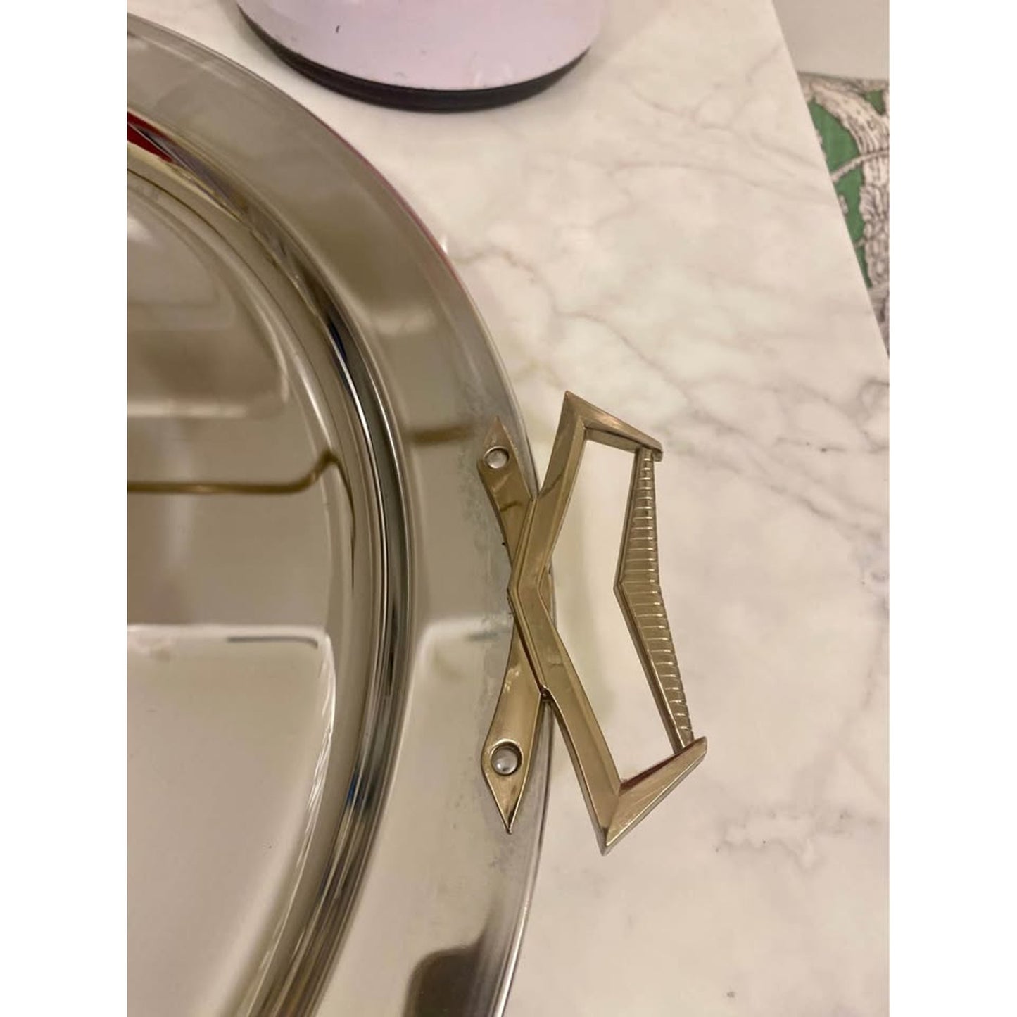 TG Kromex Mid Century Round 20" Serving Tray Platter Brass Handles Chrome MCM