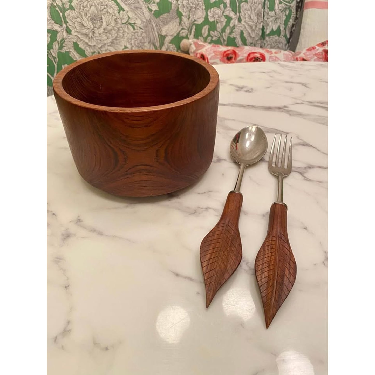 Carved Wood Salad Bowl and Serving Utensil Set
