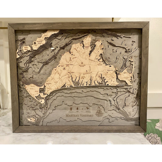 Martha's Vineyard 3D Nautical Wood Map in a grey frame