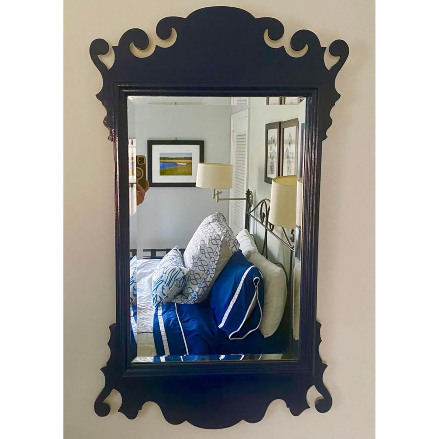 Vintage Hitchcock Newfield Solid Wood Navy Gloss Beveled Mirror