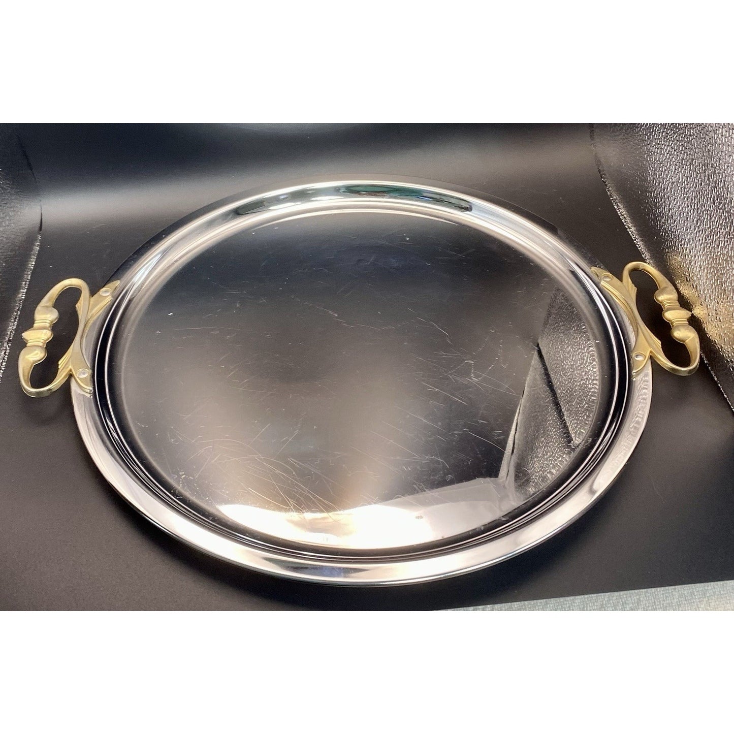 MCM 15" Round Chromed Silver Serving Tray Ornate Brass Handles Vintage Kromex